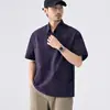 Camisa Polo Masculina Retro Americana de Alta Qualidade com Estampa Borrada Textura de Listras Verticais de Verão Camiseta Casual Solta de Manga Curta para Homens