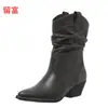 Liu Fu 2026 Outono/Inverno Novas Botas Femininas Retrô de Meia-Panturrilha Tamanho Grande de Comércio Exterior Ponto de Venda WISH Amazon Botas de Couro Europeias e Americanas