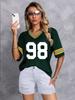 Camiseta feminina solta com decote em V, meia manga, estampa de letras esportivas europeias e americanas, produtos internacionais