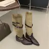 Botas largas de estilo coreano para mujer, de caña ancha, punta fina, tacón grueso, con hebilla de cinturón, botas de tubo alto, botas de meter, botas de montar vintage ajustadas