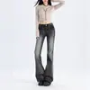 Jeans Lavado Preto e Cinza de Cintura Alta Estilo Americano Tendência Inverno 2025 para Mulheres, Calças Flare Elásticas de Corte Slim