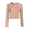 Ombligo Cuello Pequeño Hilo Agujero Raya Manga Larga Ajustado Corto Cintura Alta Color Sólido Camiseta Base Top Camiseta para Mujer