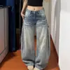 Jeans Bordados Lavados y Desgastados Estilo Retro Americano para Mujer, Pantalones de Otoño de Cintura Alta Sueltos Rectos de Pierna Ancha hasta el Suelo