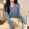 Foto Real de Outono e Inverno Estilo Coreano Cor Pura Básico Gola V Camisa de Tricô para Usar por Baixo Suéter Solto e Versátil Top Feminino 87299