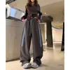 Pronta entrega estilo americano calças de moletom cintura alta com cordão feminino outono soltas emagrecedoras perna larga calças banana com caimento esportivas casuais calças compridas