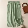 Nuevos Pantalones de Verano para Mujer de Siete Puntos de Algodón Lino Tencel de Cintura Alta Adelgazantes de Pierna Ancha con Cintura Elástica Suelta Casual Rectos