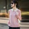 25 Años Principios de Otoño Nuevo Cachemir de Hilo Fino Seda Cuello Polo Tejido de Punto Manga Larga Mujer Bloques de Color Holgado Base Camiseta Superior