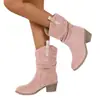 Transfronterizo Nueva Moda Europea y Americana Botas de Moda de Media Caña para Mujer Comercio Exterior Talla Grande Retro Tacón Grueso Pie Plisado Boca en V Oeste