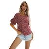 Estação Independente da Amazon Comércio Exterior Transfronteiriço Verão Gola V Solta Camisa Vermelha Pulôver Manga Curta Camisa Floral Europeia e Americana