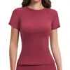 Camiseta de Manga Corta Redonda con Cintura Ceñida y Acabado Cepillado Transfronteriza para Mujer, Ropa Deportiva para Exteriores, Running, Fitness, Yoga 2546