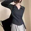 Suéter negro estilo japonés para mujer, estilo básico de otoño e invierno, corte ajustado, elástico, suave y acogedor, cuello polo, prenda interior de punto