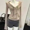 Traje de Camisa Base de Punto de Manga Larga Estilo Coreano para Mujer Otoño Diseño de Cordones en V Nicho Simple Todo Fósforo Top Ins