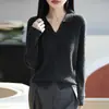 Suéter de Tricô com Gola de Lã Lisa para Mulheres, Pulôver Versátil para Primavera e Outono, Suéter de Lã com Tricô em Ponto Trançado, Blusa com Gola Polo