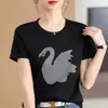 Algodón de Seda Moda Cuello Redondo Pedrería Cisne Color Sólido Base Camiseta Mujer Corte Holgado Adelgazante 2026 Nuevo Manga Corta