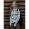 Qiaomi [Transpirable] Algodón Puro Color de Contraste Rayas Cuello Polo Manga Larga Mujer Otoño Temprano Casual Versátil Top de Punto