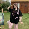 Camiseta de Manga Corta Holgada de Algodón Estilo Coreano Talla Grande Corte Ajustado Estampado de Letras con Lazo Top para Mujer Tendencia al por Mayor