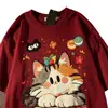 2026 Nova Camiseta Estilo Japonês Divertida Fofa Estampa de Gato Manga Curta para Homens e Mulheres Solta Verão High Street Nicho Top