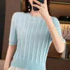 Nueva ropa de mujer de verano, top de punto acanalado de algodón puro con cuello redondo estilo coreano, camiseta elegante y versátil