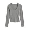 Camiseta de Manga Larga con Cuello en U Estilo 'Hot Girl' para Mujer 2025 Otoño Nuevo Ajustada Sexy Camiseta Básica con Top Corto de Cintura Alta