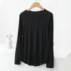 2023 Camiseta de Algodão com Fio de Cor Sólida, Gola Redonda, Manga Longa, Tamanho Grande, Roupa de Exterior Feminina para Primavera e Outono, Top Solto, Camisa Base para Gordinhas
