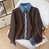 Suéter de Punto Patchwork con Cuello de Mezclilla para Mujer, Abrigo Cardigan Engrosado, Diseño Otoño e Invierno con Parte Superior de Botones