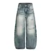 Jeans Americano Retrô Lavado Desgastado para Homens e Mulheres Outono 2025 Versátil Solto Reta Perna Larga Comprimento Total
