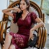 Moda Femenina Transfronteriza 2026 Nuevo Estilo Elegante Cuello en V Ajustado Patchwork Hueco Vestido Bodycon de Encaje para Mujer