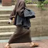 Nova saia de malha listrada em blocos de cor vintage para outono e inverno para mulheres, solta, modeladora, versátil, com caimento, saia longa de comprimento médio