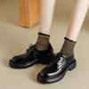 Roupa de trabalho básica casual Sapatos de couro preto 2024 Primavera Salto médio grosso Biqueira redonda Sola grossa Sapatilhas de couro envernizado de vaca com cadarço para mulheres