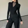 Imagem oficial, preço real. Camisa base de malha com retalhos estilo puro desejo, imitação de algodão, para mulheres, nova blusa interna slim fit de outono