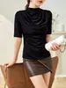 Camiseta de verano de manga corta y media para mujer de ácido triacético, elegante, ajustada, estilo occidental, color liso, versátil, cuello amplio, manga media, camiseta de ácido acético para mujer