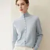 Suéter de punto cárdigan chaqueta corta versátil para mujer, cuello medio alto, abotonado, ajuste holgado, 100% cachemira pura, para otoño e invierno