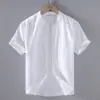 9048 Camisa de Lino de Manga Corta de Verano para Hombre Camisa Casual de Algodón y Lino con Cuello Cuadrado para Hombre Top de Lino de Color Sólido de Media Manga