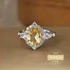 Plata S925 Incrustada con Citrino Amarillo Natural Cabujón de Doble Punta, Joyería de Moda de Lujo Ligero, Anillo de Cristal con Piedra Preciosa de Color, Plata al por Mayor