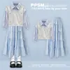 Conjunto de dos piezas estilo coreano estilo universitario para niños mayores: Top de manga larga y dulce falda con lazo para primavera y otoño