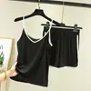 Conjunto de pijama casual de modal estilo coreano con bloques de color, camisola y shorts para mujer, delgado de verano, ajuste ceñido, adecuado para usar al aire libre
