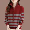 Suéter de punto a rayas con cremallera estilo coreano transfronterizo, nuevo otoño e invierno, bloques de color vintage, corte holgado, adelgazante, jersey casual