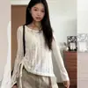 Blusa de Punto con Cordón, Ligeramente Transparente, Diseño Hueco, Mangas Largas, Protección Solar, para Mujer, Uso Diario Casual, Versátil