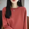 Suéter casual de algodón puro para mujer, estilo nuevo de otoño e invierno, cuello redondo, tejido suelto, manga larga, suave, versátil, top adelgazante