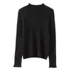 Camisa base de tricô 100% caxemira pura feminina com bordas franzidas, corte justo, confortável, gola semi-alta, suéter quente