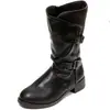 Botas de Media Pantorrilla con Doble Hebilla Estilo Retro Europeo y Americano para Mujer Tacón Grueso Suela Plana Botas de Jinete Punta Redonda Cremallera Lateral Botas Largas Estilo Motociclista