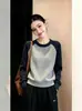 Suéter raglán color block para mujer, nuevo top de punto suelto de cuello redondo otoño/invierno, capa base, top pullover versátil