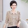 Primavera y Otoño para Madres Nueva Solapa Elegante Moda Estampado Top para Mediana Edad y Ancianas Nueva Camisa de Punto Guofeng para Mujer