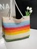 Bolsa Tote Transfronteiriça de Palha Tecida em Blocos de Cor Listrada para Viagens de Férias, Grande Capacidade Tecida Novo Estilo Artístico Fresco Bolsa de Ombro