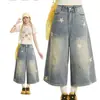 Calça Jeans Cropped Wide-Leg Nova Americana Retro com Estampa de Estrelas para Mulheres, Solta de Cintura Alta, Lavada e Desgastada, Tendência