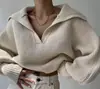 Suéter Feminino Novo Transfronteiriço Estilo Retrô Waffle Europeu e Americano Estilo Preguiçoso Casual Solto Manga Lanterna Gola Aberta Pulôver