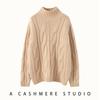 Suéter de Cashmere Grosso e Pesado para Mulheres, Suéter de Malha Trançada Solto de Gola Alta, Peça Básica de Tricô Versátil e Elegante