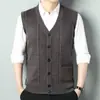 Suéter de tricô com decote V e costas abertas para outono e inverno para homens idosos, colete Amazon, cardigã casual sem mangas, colete de lã para homens mais velhos