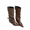 Botas de mujer de punta fina, plisadas, con tacón grueso, diseño único, hebilla de cinturón, caña alta, hasta la rodilla, sexys y largas
