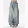 Calça Jeans Nova Outono 2025 Estilo Americano Divertido Desenho Animado Retrô Wide-Leg Reta Bordada Calça Solta Comprimento Total